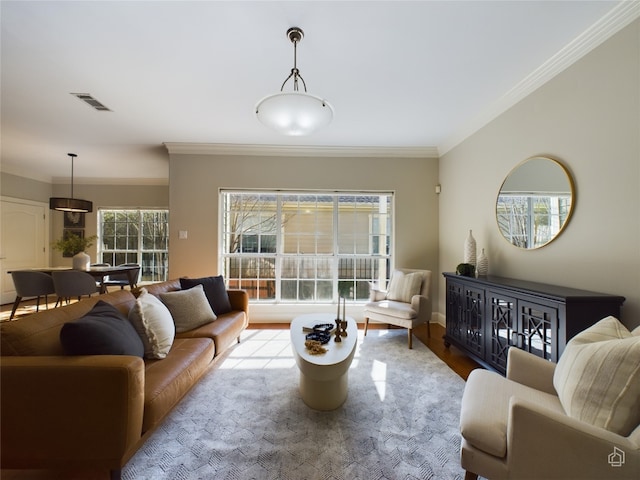 living room featuring hardwood / wood-style flooring and crown molding