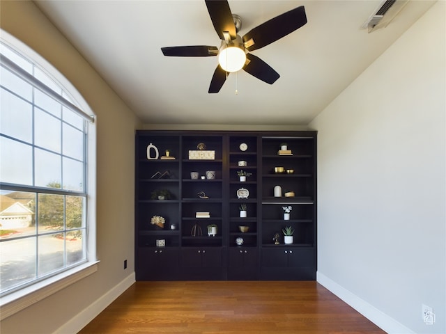 wine cellar featuring wood-type flooring and ceiling fan