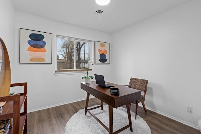 home office featuring dark hardwood / wood-style flooring