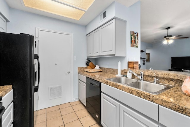 kitchen with light tile patterned flooring, white cabinetry, sink, ceiling fan, and black appliances