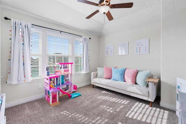 game room with vaulted ceiling, carpet floors, and ceiling fan