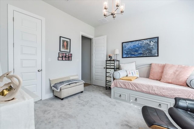 carpeted living room with a notable chandelier