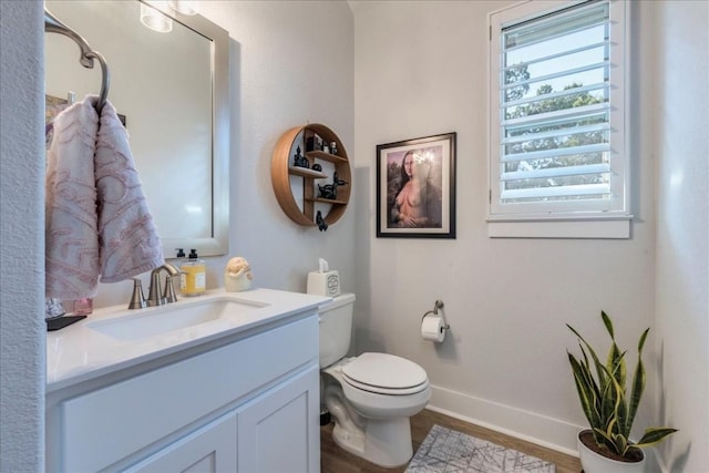 bathroom with vanity, wood-type flooring, and toilet