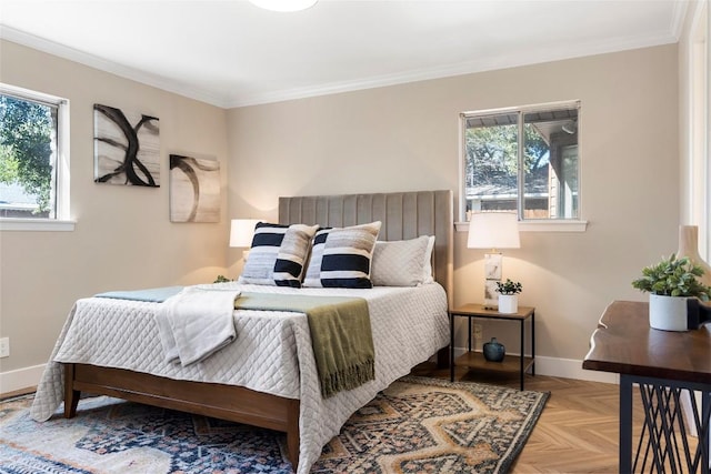 bedroom featuring crown molding and parquet flooring