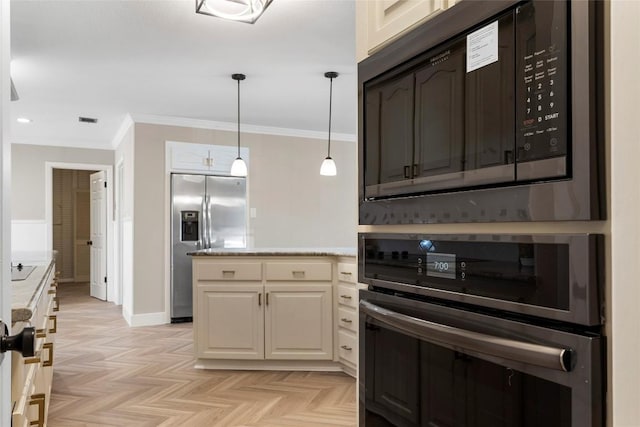 kitchen with light parquet floors, ornamental molding, and appliances with stainless steel finishes