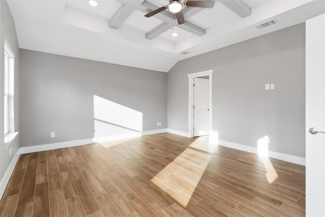 spare room featuring beamed ceiling, ceiling fan, wood-type flooring, and coffered ceiling