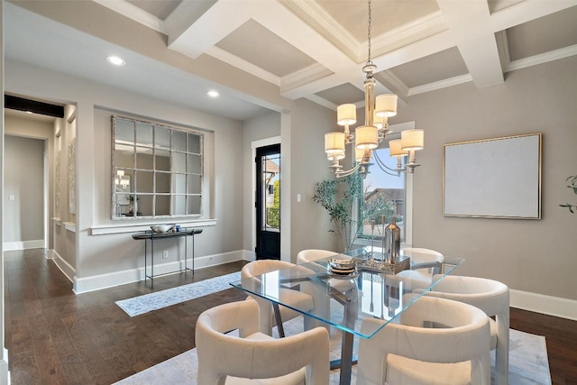 dining area featuring crown molding, an inviting chandelier, beam ceiling, dark hardwood / wood-style floors, and coffered ceiling