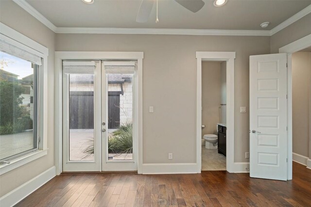 905 Madison Fork Dr, Lakeway, TX 78738 - empty room featuring french doors, dark wood finished floors, a smoke detector, ornamental molding, and recessed lighting