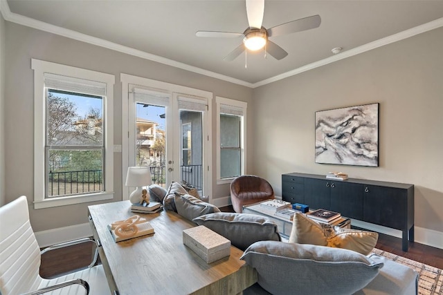 living room with french doors, ceiling fan, crown molding, and dark wood-type flooring