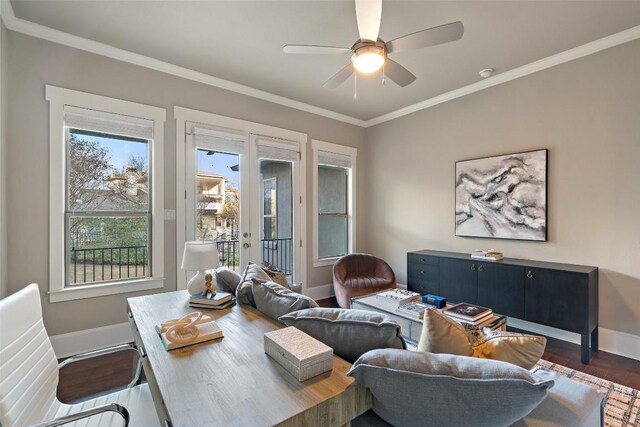 905 Madison Fork Dr, Lakeway, TX 78738 - living room with wood finished floors, french doors, plenty of natural light, ornamental molding, and a ceiling fan