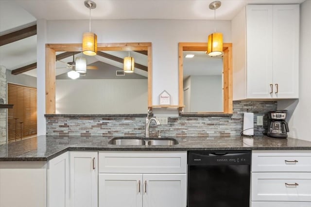 kitchen featuring pendant lighting, black dishwasher, sink, and white cabinets