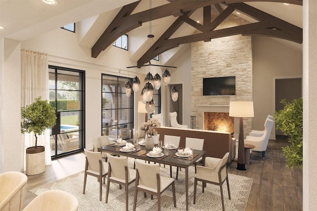 dining room with beamed ceiling, high vaulted ceiling, hardwood / wood-style floors, and an outdoor stone fireplace