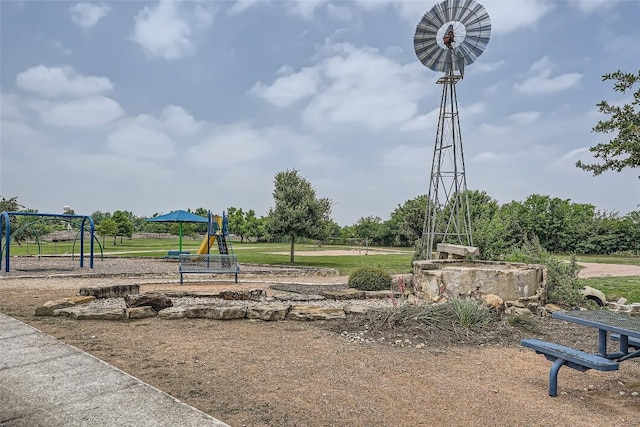 view of jungle gym with a yard