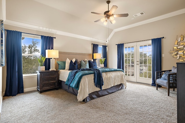 carpeted bedroom with ceiling fan, vaulted ceiling, ornamental molding, access to outside, and french doors