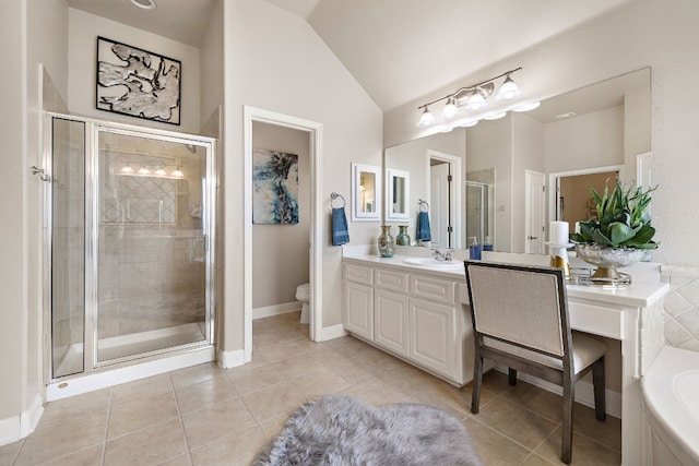 full bathroom with vanity, lofted ceiling, tile patterned floors, and plus walk in shower