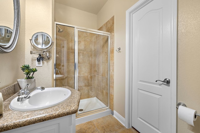 bathroom with tile patterned flooring, vanity, and an enclosed shower