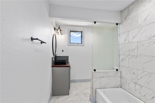 bathroom with vanity and plus walk in shower