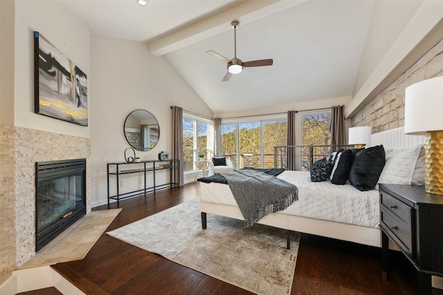 bedroom with ceiling fan, hardwood / wood-style flooring, high vaulted ceiling, and beamed ceiling