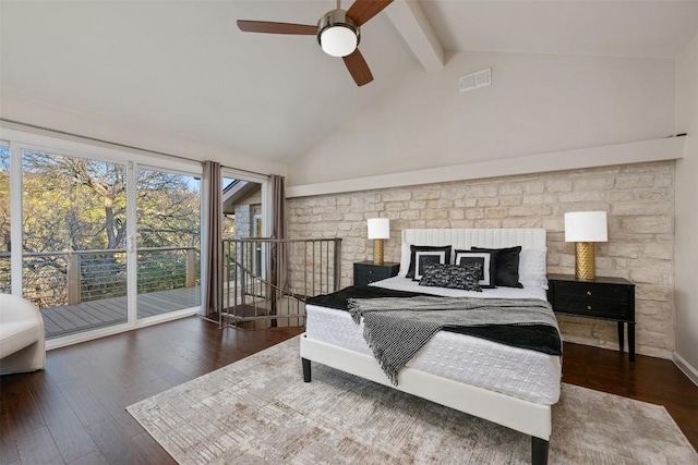 bedroom with high vaulted ceiling, dark hardwood / wood-style floors, access to exterior, and beam ceiling