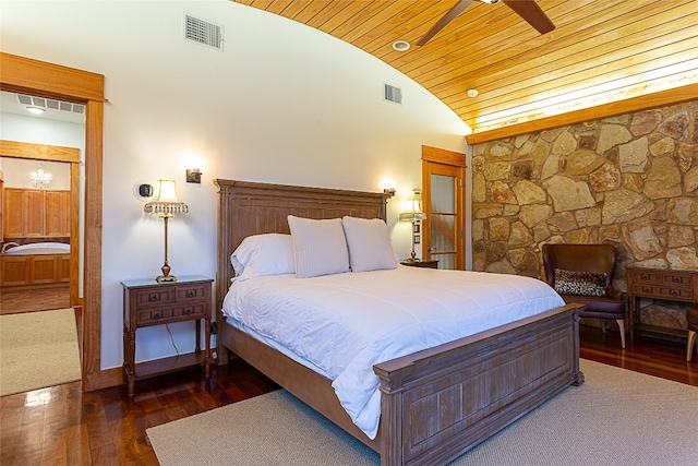 bedroom featuring vaulted ceiling, dark hardwood / wood-style flooring, and wood ceiling