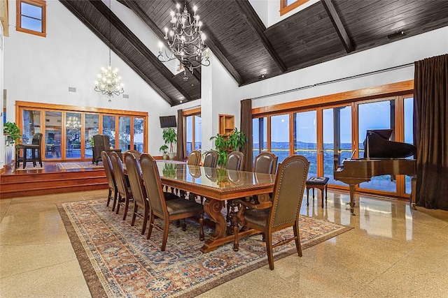 dining room featuring a water view, a chandelier, high vaulted ceiling, wooden ceiling, and beamed ceiling