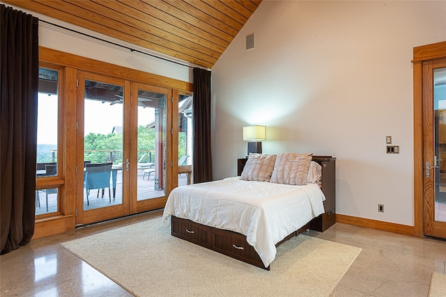 bedroom featuring wood ceiling, access to outside, high vaulted ceiling, and french doors