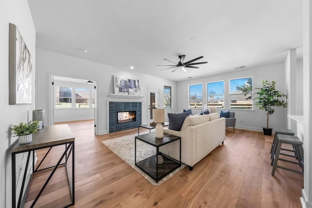 living room featuring a fireplace, light hardwood / wood-style flooring, and a wealth of natural light