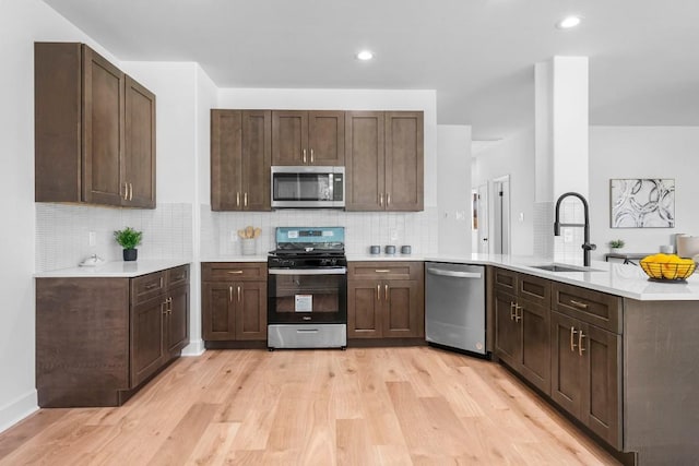 kitchen with appliances with stainless steel finishes, sink, decorative backsplash, and light wood-type flooring