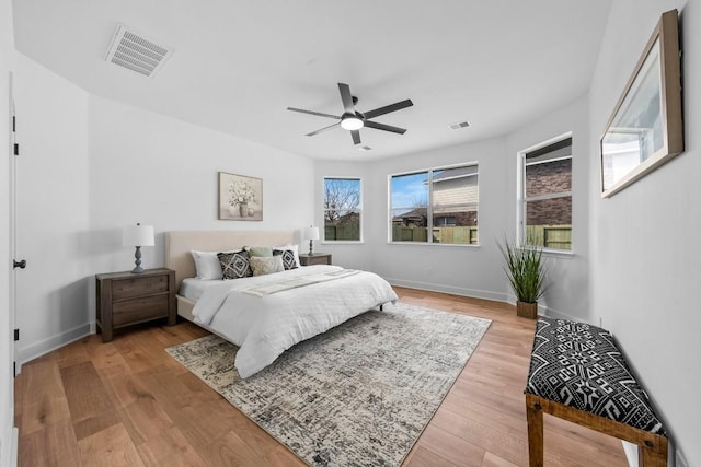 bedroom featuring ceiling fan and light hardwood / wood-style floors