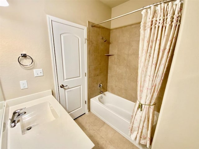 bathroom with shower / bath combination with curtain and tile patterned floors