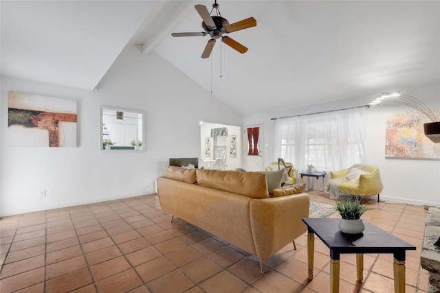 living room with ceiling fan, high vaulted ceiling, tile patterned floors, and beam ceiling