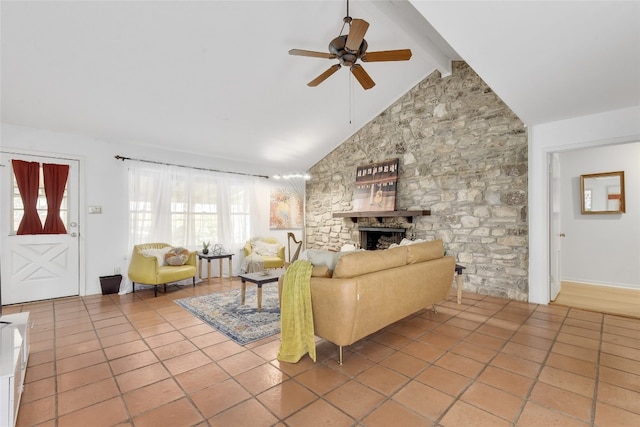 tiled living room with beam ceiling, a fireplace, high vaulted ceiling, and ceiling fan