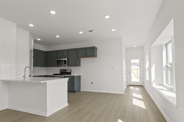 332 Witchhazel Way, San Marcos, TX 78666 - kitchen with appliances with stainless steel finishes, light wood-style floors, a peninsula, light countertops, and recessed lighting