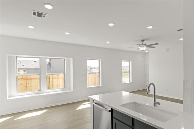 332 Witchhazel Way, San Marcos, TX 78666 - kitchen featuring a sink, stainless steel dishwasher, light wood-type flooring, open floor plan, and light countertops
