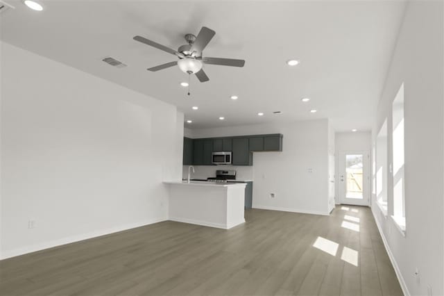 332 Witchhazel Way, San Marcos, TX 78666 - unfurnished living room featuring a sink, wood finished floors, a ceiling fan, recessed lighting, and baseboards