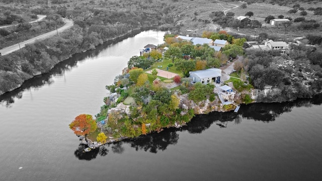 drone / aerial view featuring a water view