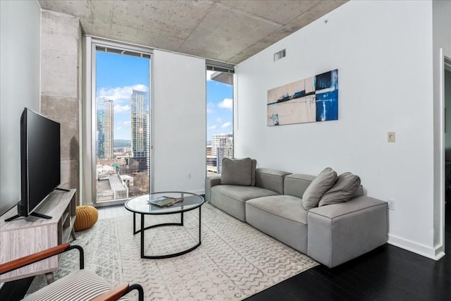 living room with wood-type flooring and floor to ceiling windows