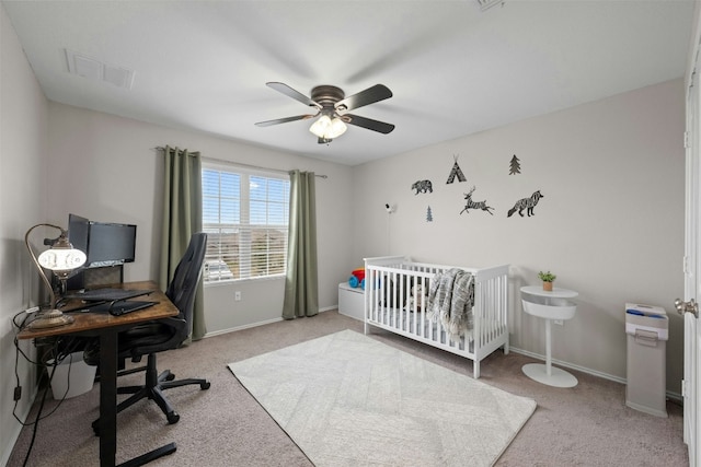 bedroom with carpet flooring, visible vents, and baseboards