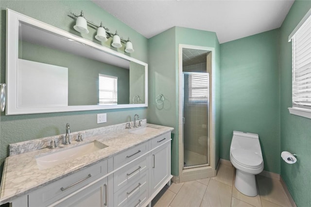 bathroom with vanity, tile patterned flooring, a shower with door, and toilet