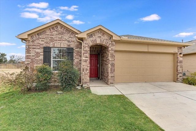 ranch-style house with a garage and a front lawn