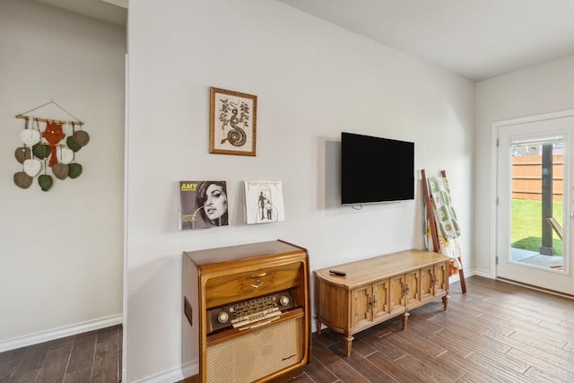 living room featuring dark wood-type flooring