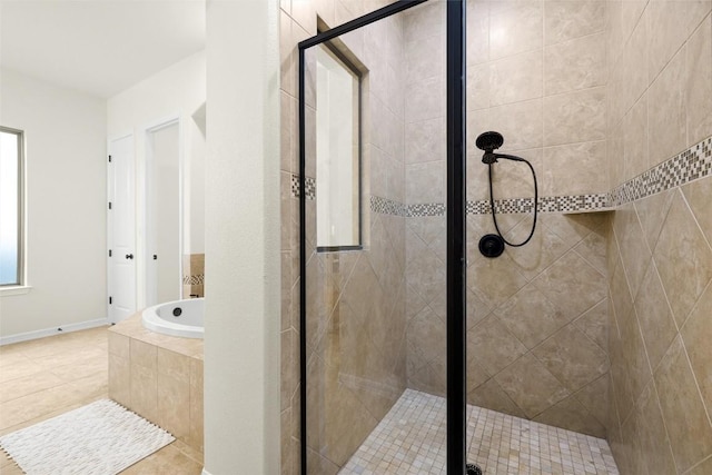 bathroom with tile patterned flooring and plus walk in shower