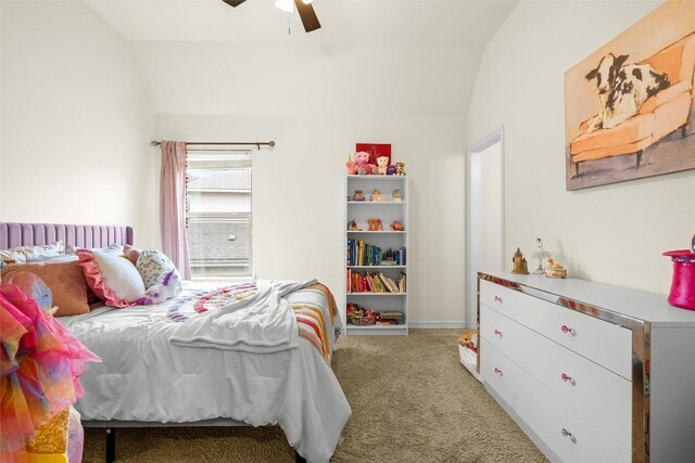 carpeted bedroom featuring ceiling fan and lofted ceiling