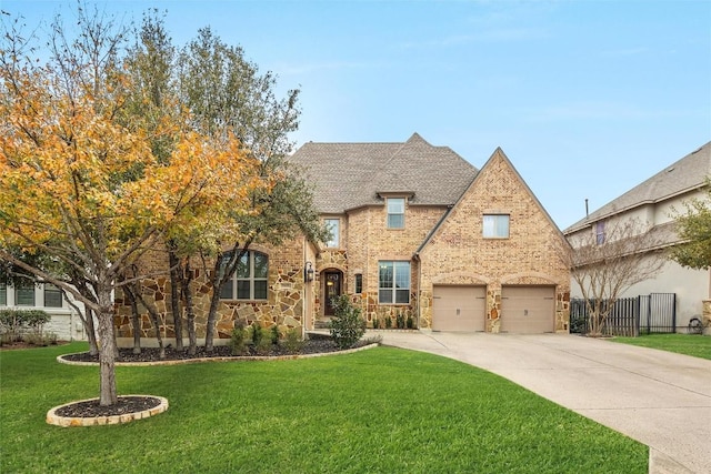 17408 Wildrye Dr, Austin, TX 78738 - tudor home featuring concrete driveway, an attached garage, brick siding, and roof with shingles