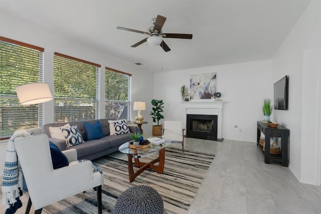 living room with ceiling fan