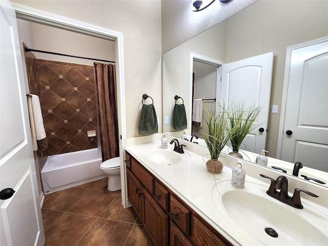 full bathroom featuring shower / bath combination with curtain, tile patterned floors, toilet, and vanity