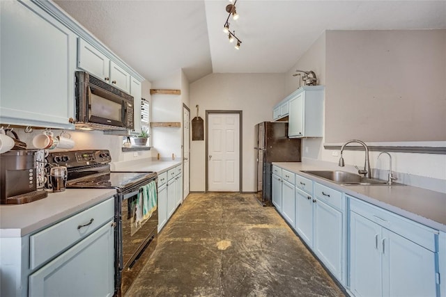 kitchen with sink, vaulted ceiling, black appliances, and blue cabinetry