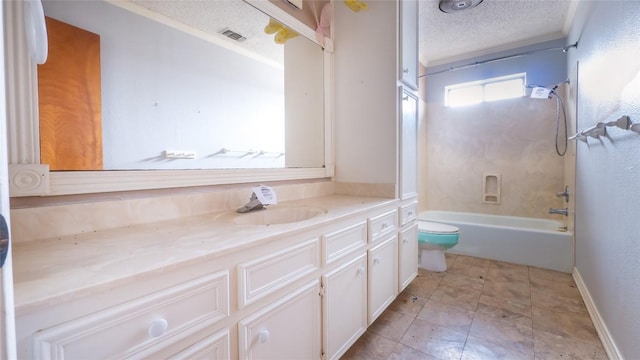 full bathroom with toilet, crown molding, a textured ceiling, vanity, and shower / washtub combination