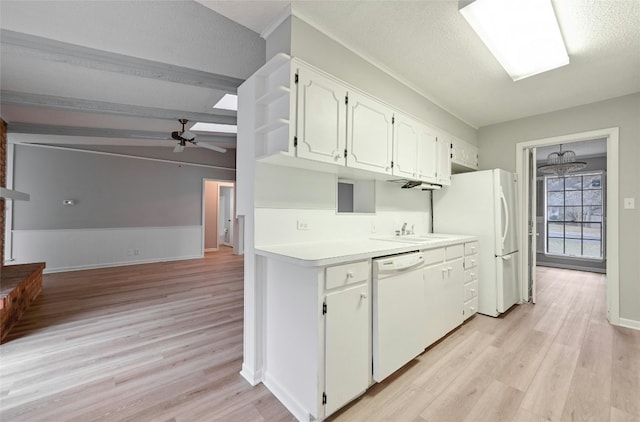 kitchen featuring white cabinetry, white appliances, ceiling fan, a textured ceiling, and light hardwood / wood-style flooring