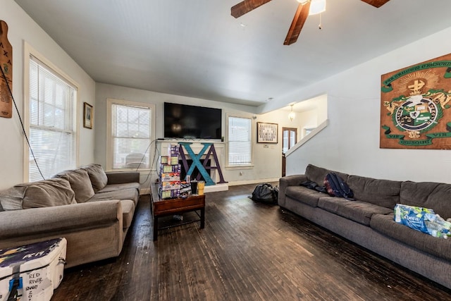 living room featuring a healthy amount of sunlight, a ceiling fan, and wood-type flooring